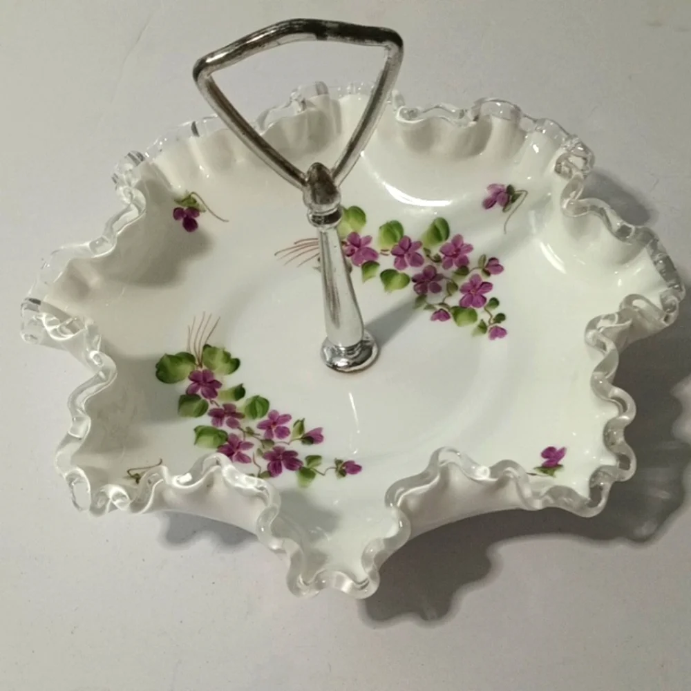 Fenton Silver Crest Violets Center Hnadle Server Tidbit Dish Vintage